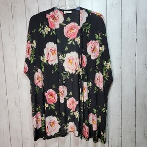 Frumos Women's Black Floral Print Kimono Coverup Lightweight Knit One Size.